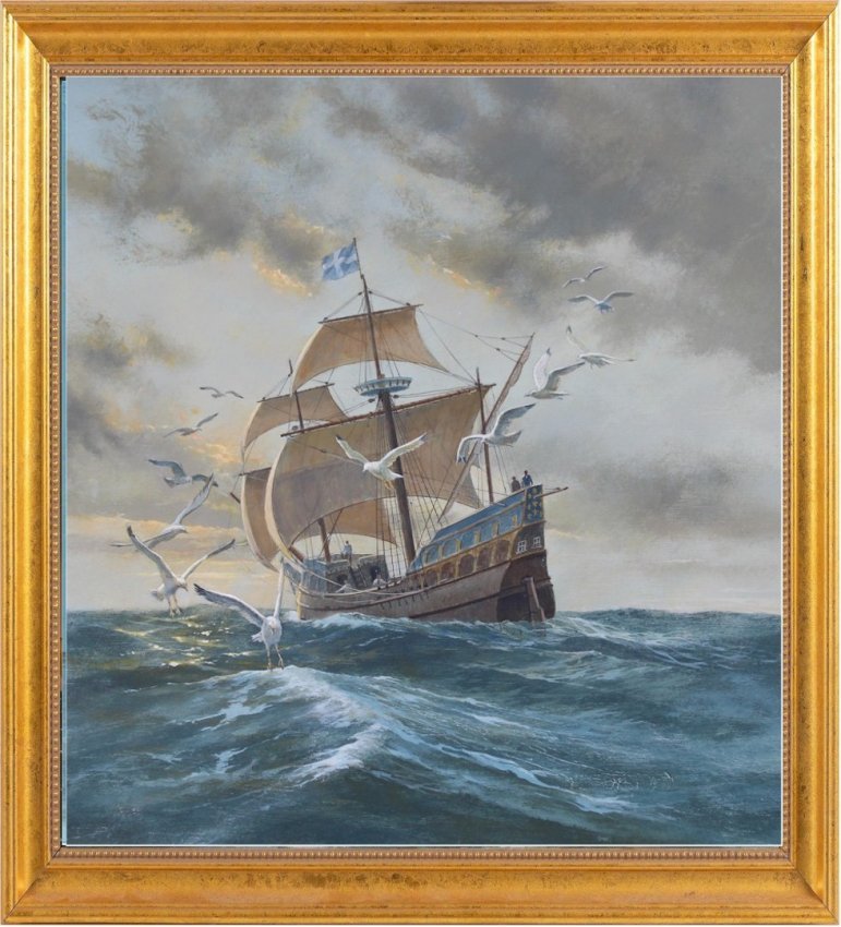 Charles Lundgren Seascape Marine Historical Vintage Art Painting oil Seascape French Naval Ship