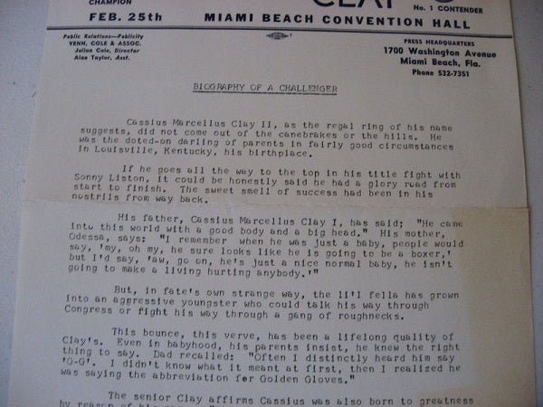 Muhammad Ali (Cassius Clay) vs Sonny Liston Press Letter 1964