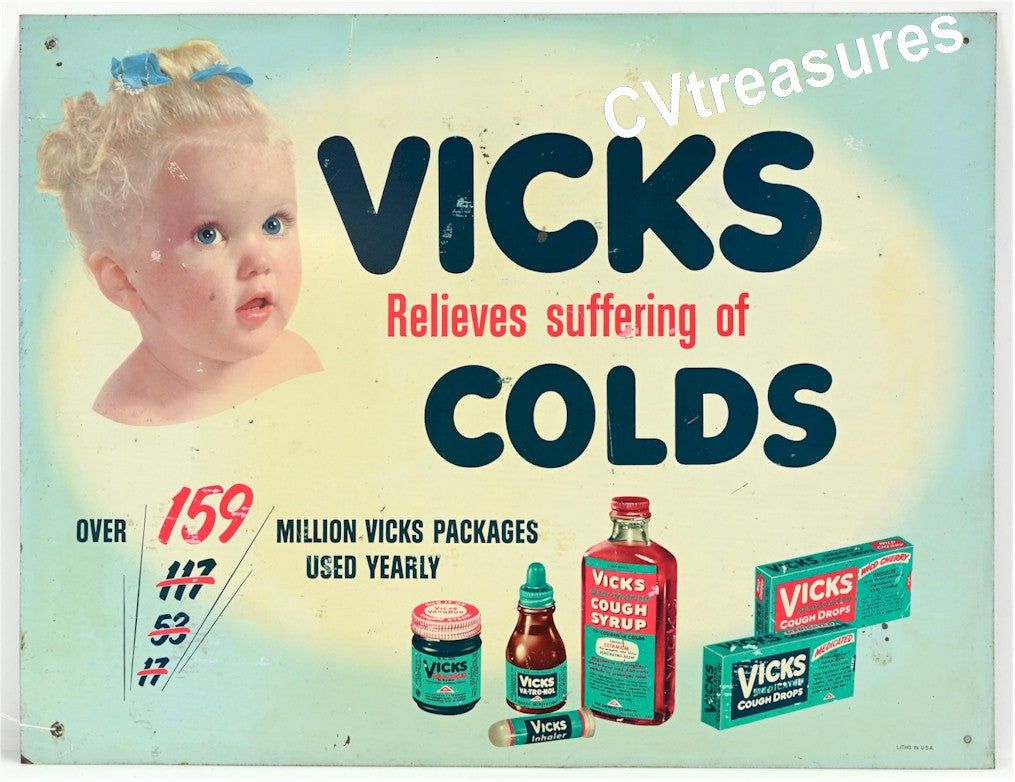Vintage VICKS COLD RELIEF Young Girl Tin Lithograph Advertising Sign early 1950s