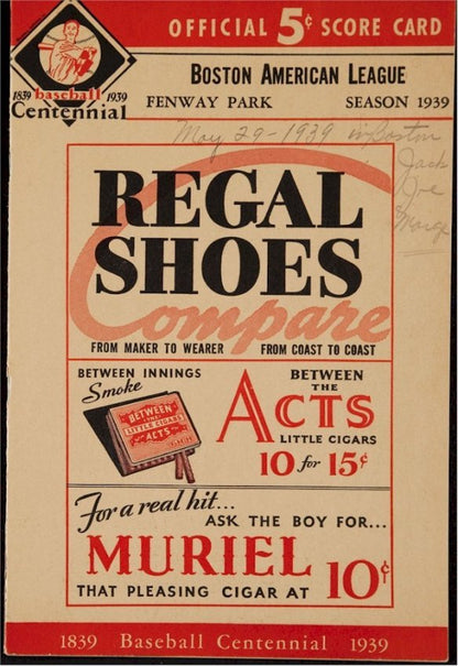 Boston Red Sox vs NY Yankess Original Vintage 1939 Scorecard