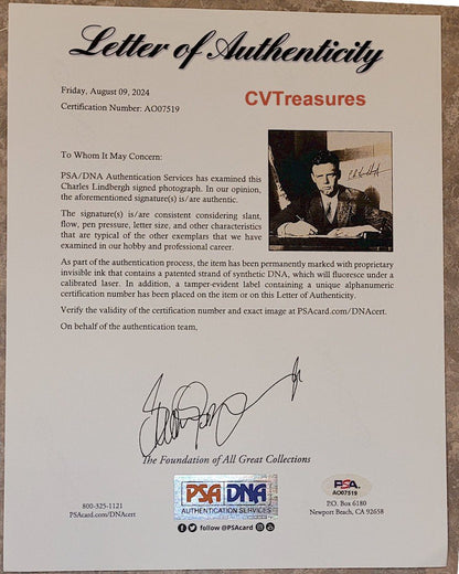 Charles Lindbergh Rare Authentic Signed Autographed Historic Aviation Photo PSA