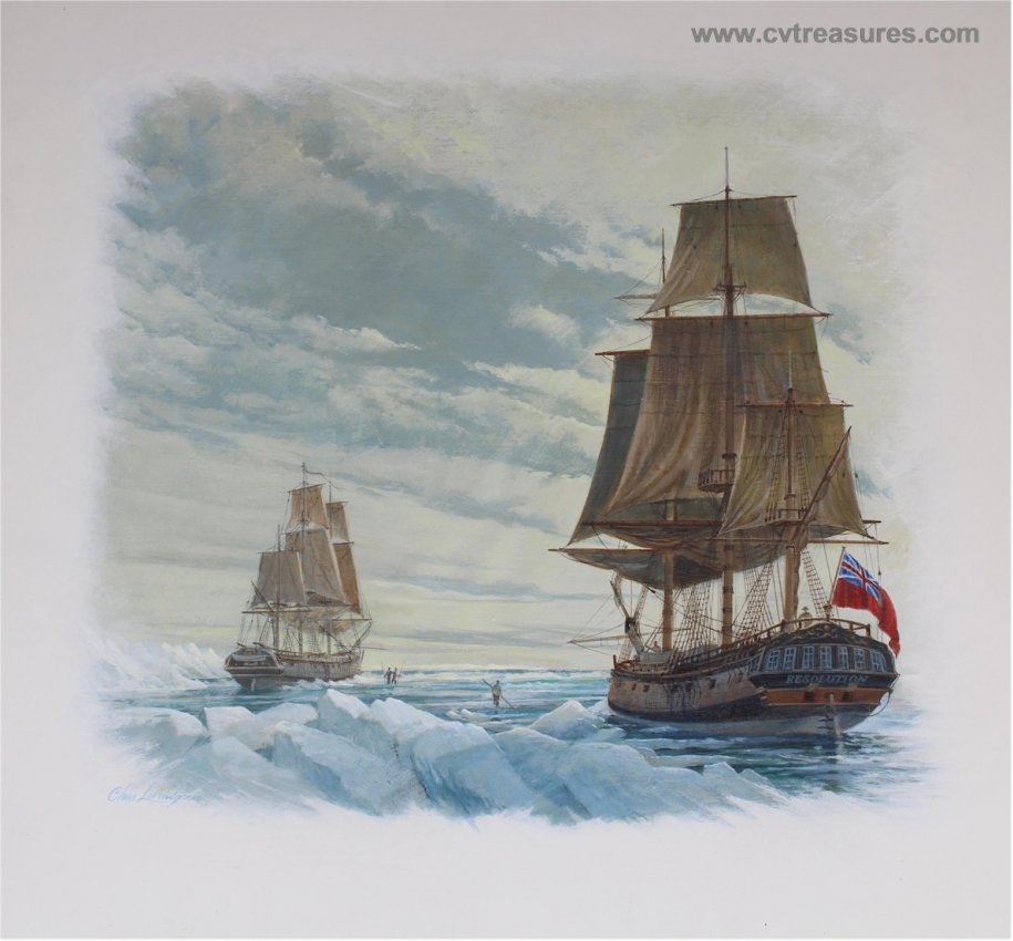 Charles Lundgren Seascape Marine Art Battleship Painting oil vintage H.M.S. Resolution Alaska
