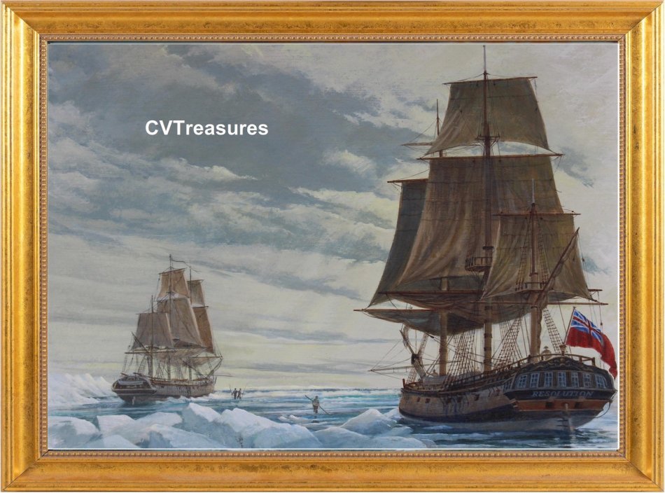 Charles Lundgren Seascape Marine Art Battleship Painting oil vintage H.M.S. Resolution Alaska