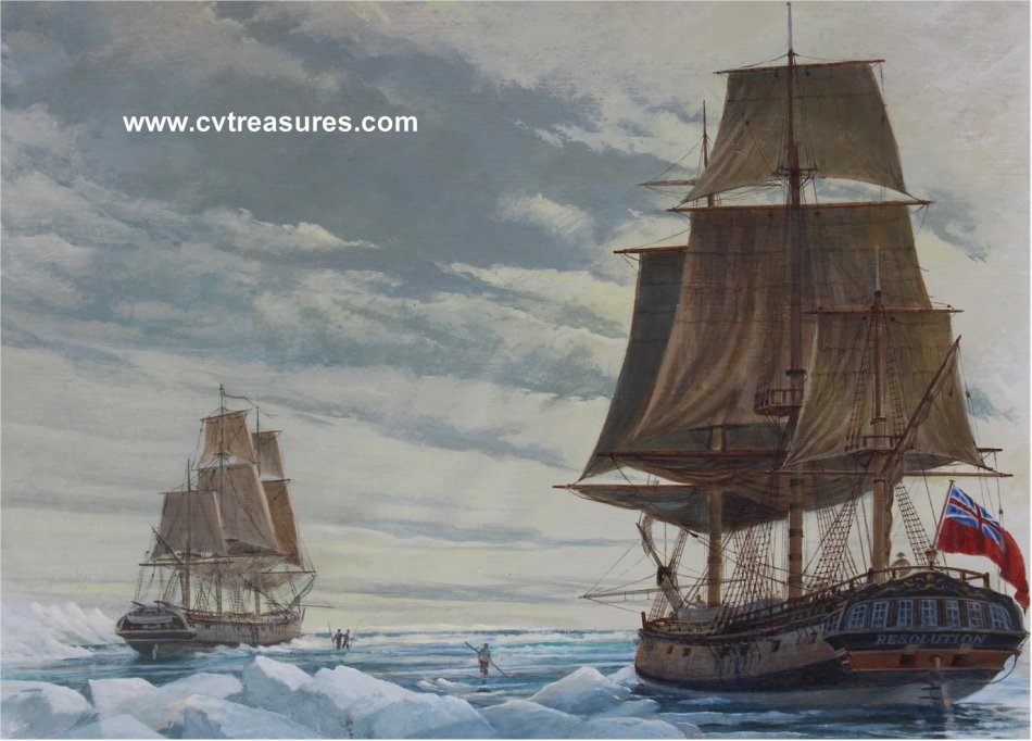 Charles Lundgren Seascape Marine Art Battleship Painting oil vintage H.M.S. Resolution Alaska