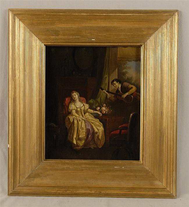 Continental School "Lady Being Serenaded" 19th century antique oil fine art painting