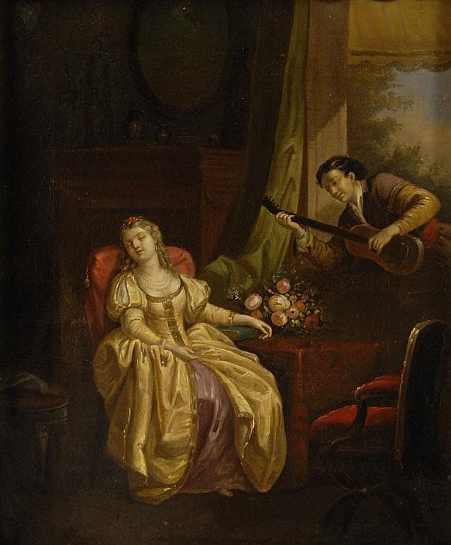Continental School "Lady Being Serenaded" 19th century antique oil fine art painting