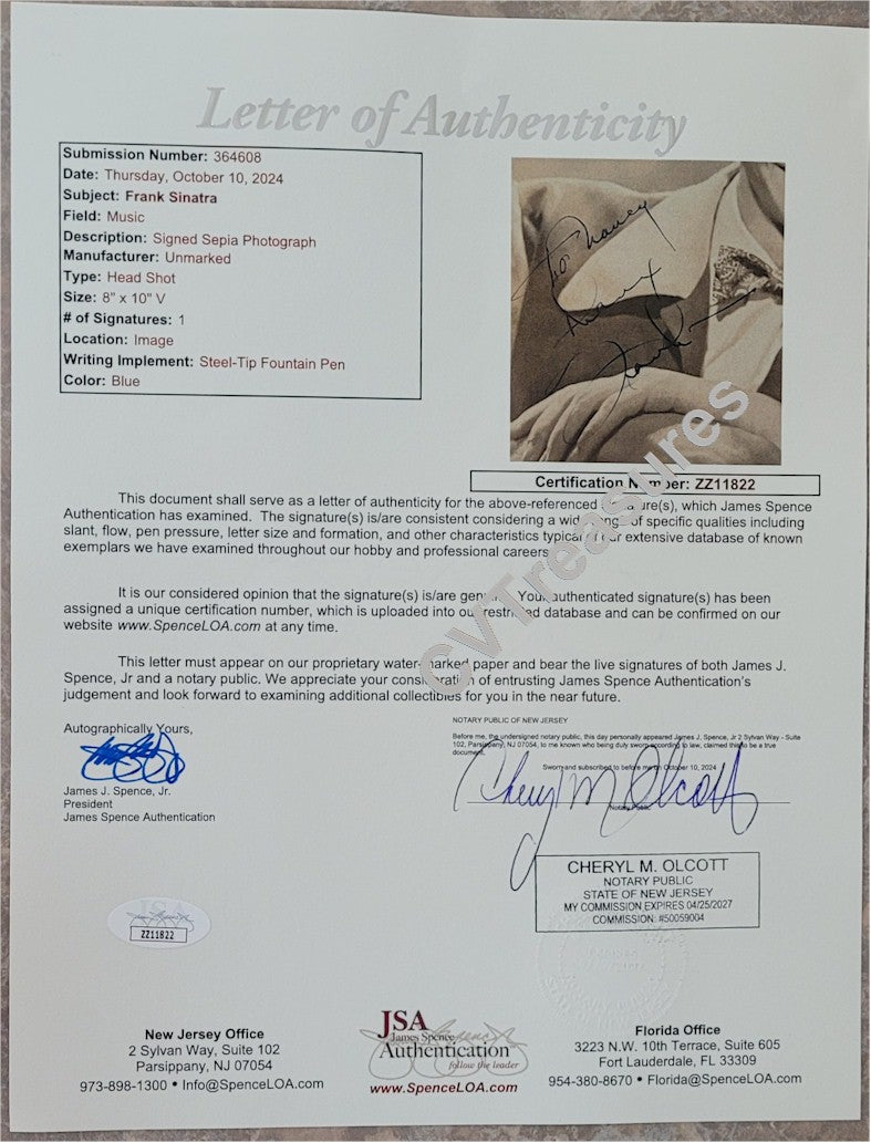 Frank Sinatra RARE Authentic Autographed Signed Photo 1945 JSA Certified