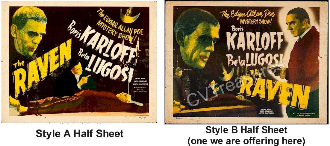 Horror Movie Poster RAVEN Authentic Original Vintage Half Sheet Film Poster Boris Karloff Bela Lugosi 1948