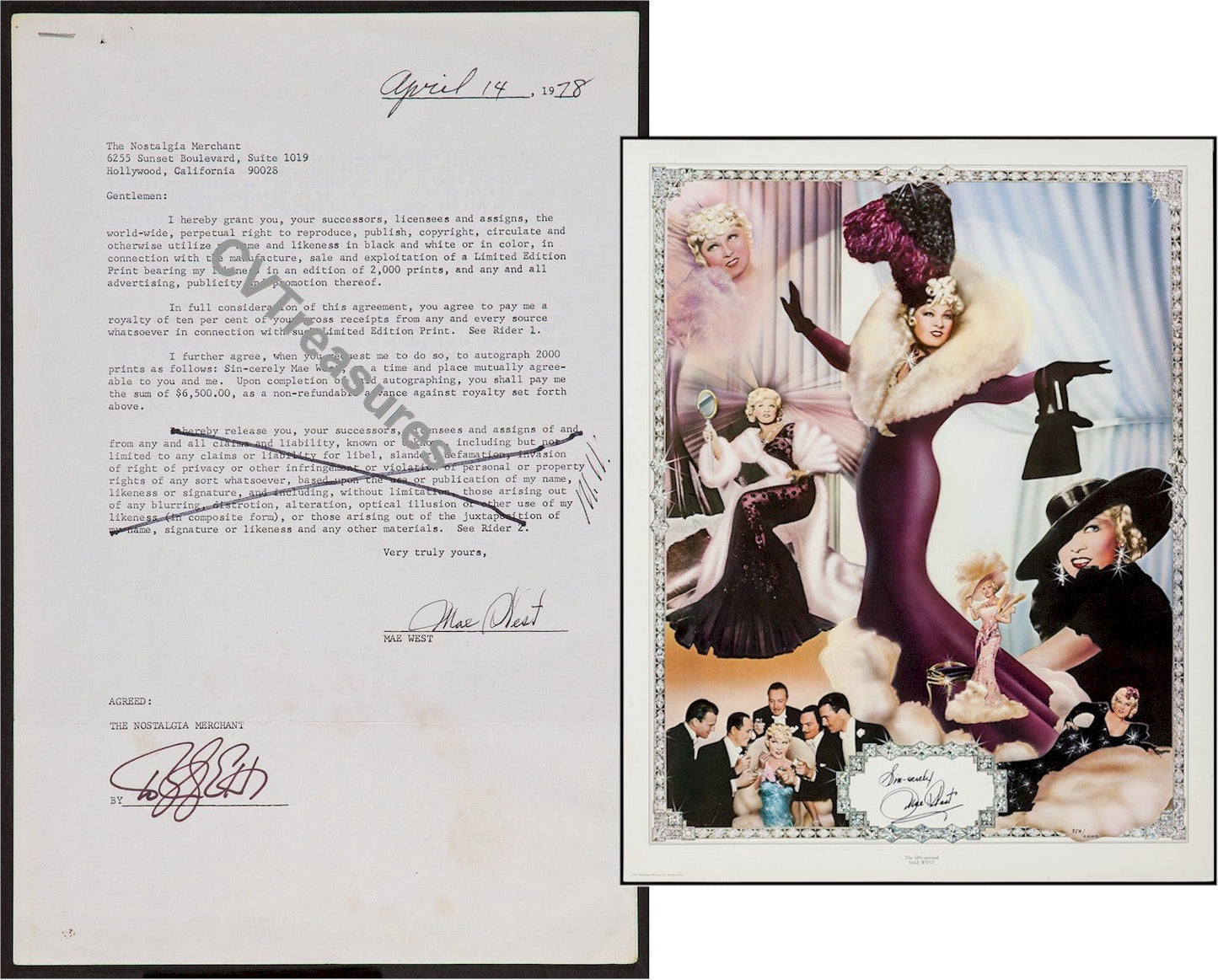 Mae West Signed Contract for Nostalgia Merchant Litho