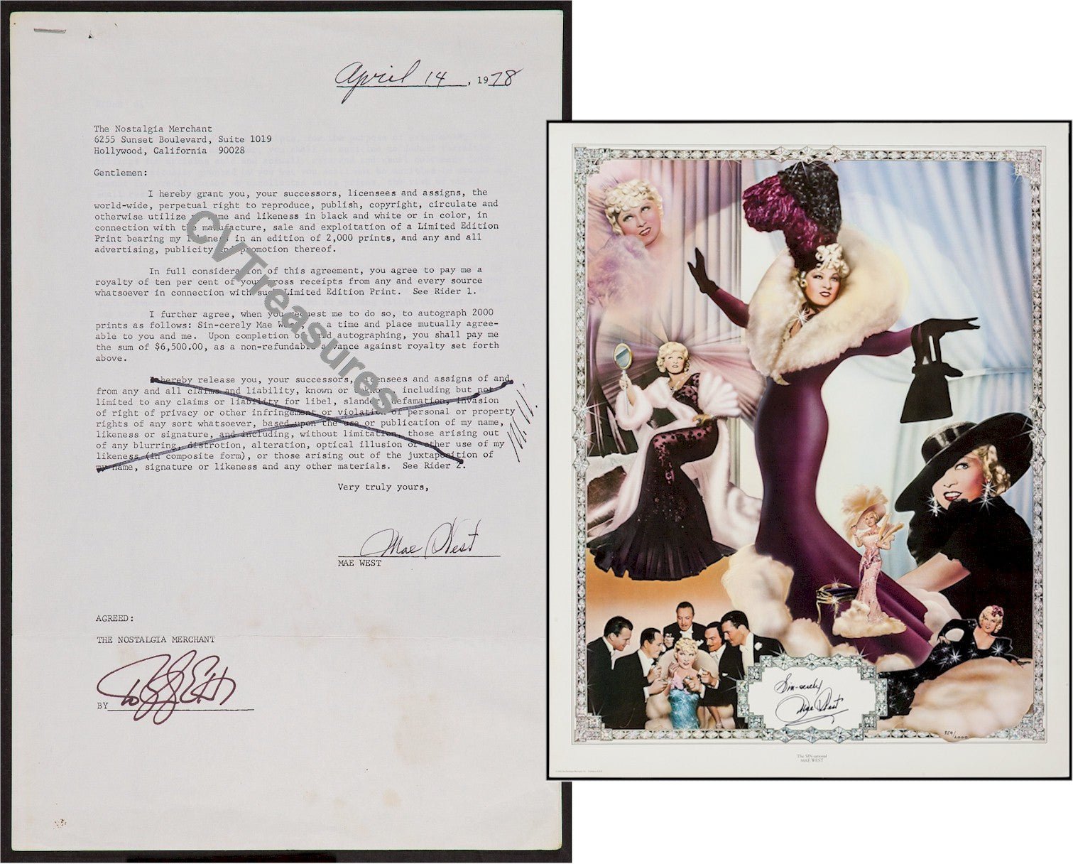 Mae West Signed Contract for Nostalgia Merchant Litho