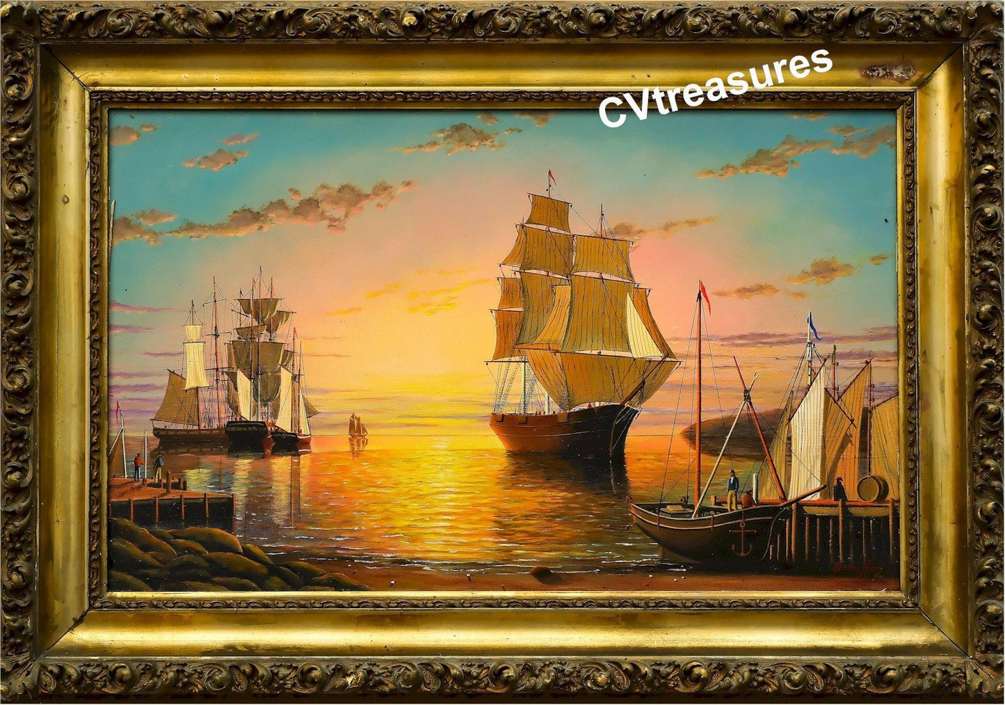 Nautical Art Seascape STUNNING Schooner Oil Marine Painting Jerome Howes dusk harbor