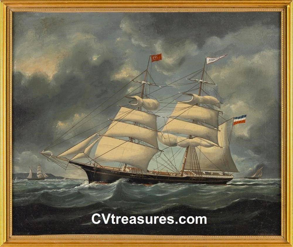 Nautical Art Stunning Seascape Oil Canvas Painting Danish Ship ASANTE circa 1800