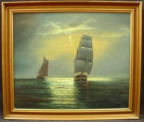 P. Toft "Ships on Sunset Ocean" Seascape Marine Art Painting Early - 20th Century