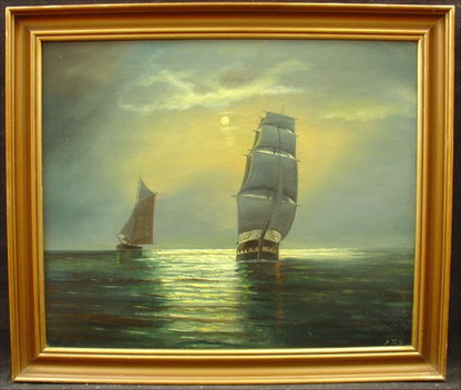 P. Toft "Ships on Sunset Ocean" Seascape Marine Art Painting Early - 20th Century