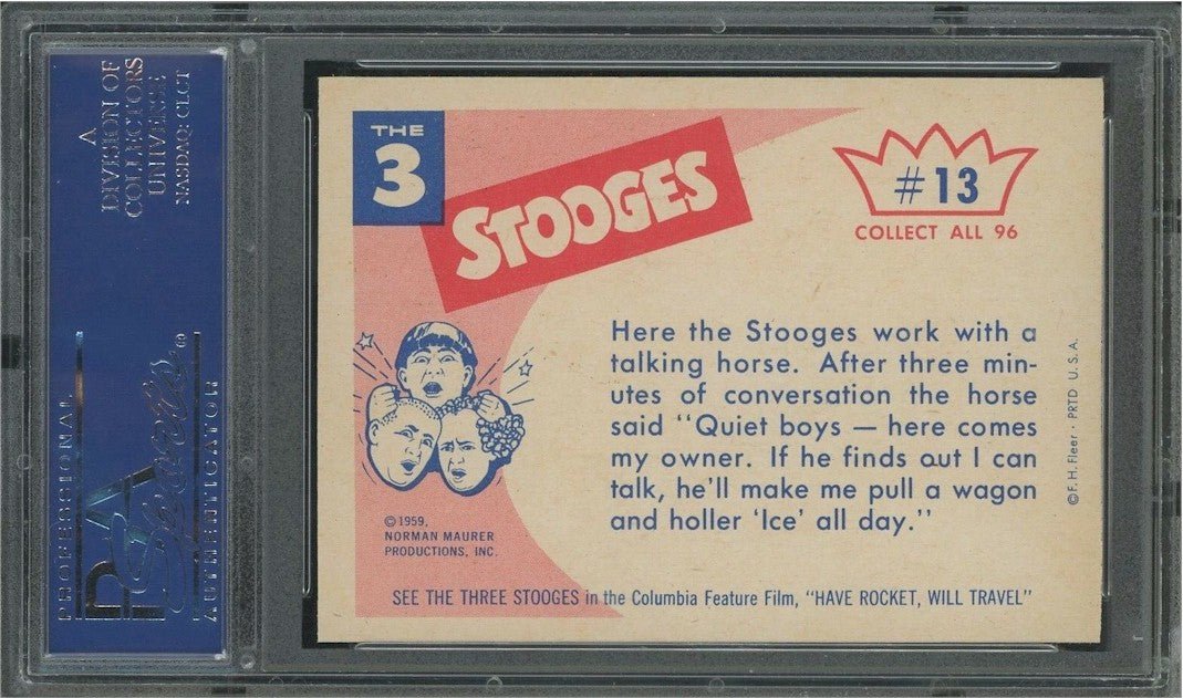 Three Stooges 1959 Fleer Gum Wax Card #13 PSA 9 “Curly. the horse is the one in front"