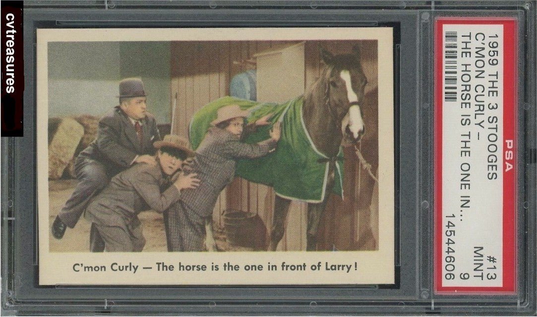 Three Stooges 1959 Fleer Gum Wax Card #13 PSA 9 “Curly. the horse is the one in front"