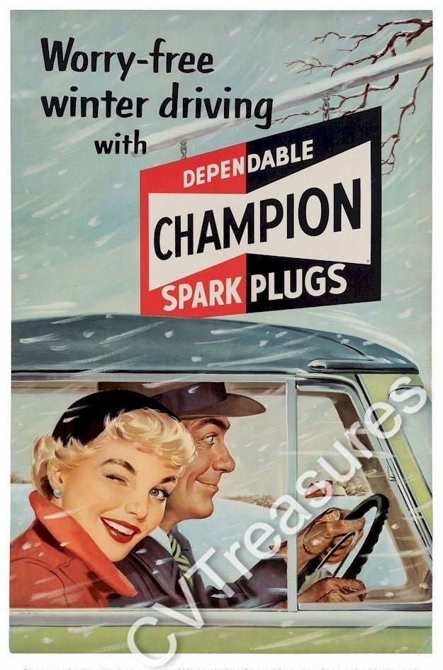 Vintage Auto Advertising Poster Champion Spark Plugs Classic Car Poster Art 1950s A++