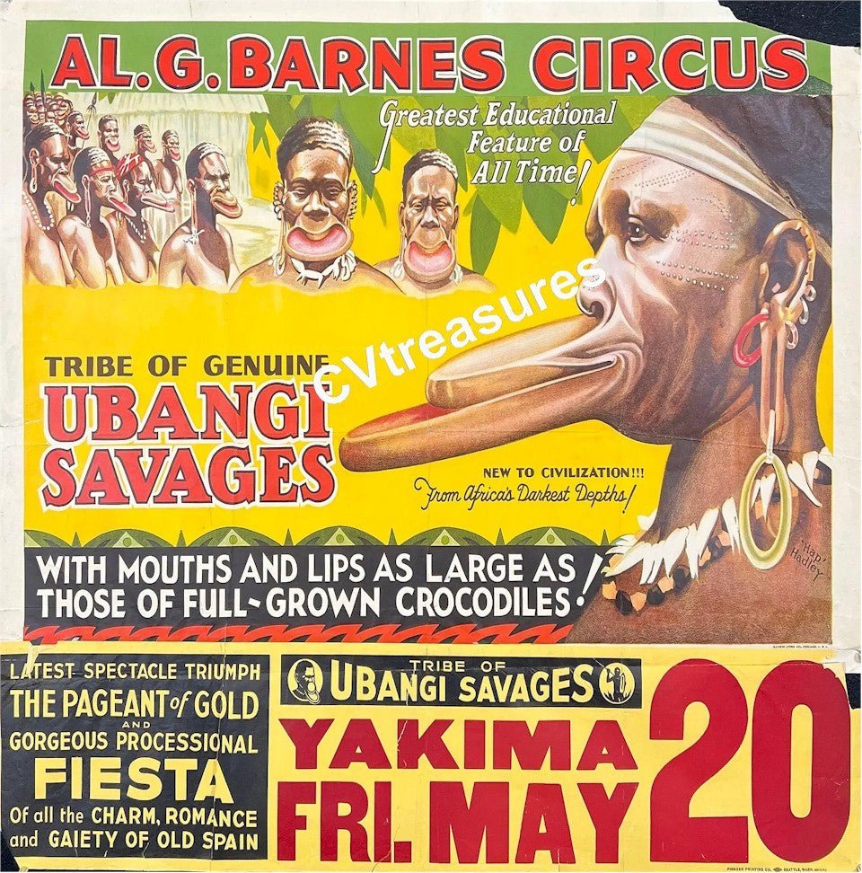 Vintage Circus Poster Ringling Brothers Barnum Bailey Human Oddities Ubangi Savages One Sheet w/Rare Date Tail Hap Hadley 1932
