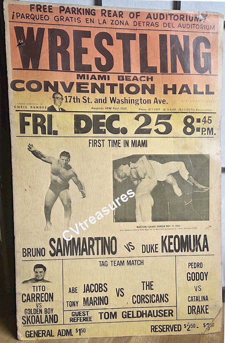 WWWF Original Wrestling WWWF Concert Poster Sports Memorabilia Poster Bruno Sammartino RARE 1964 Miami