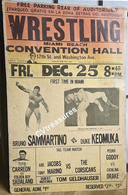 WWWF Original Wrestling WWWF Concert Poster Sports Memorabilia Poster Bruno Sammartino RARE 1964 Miami